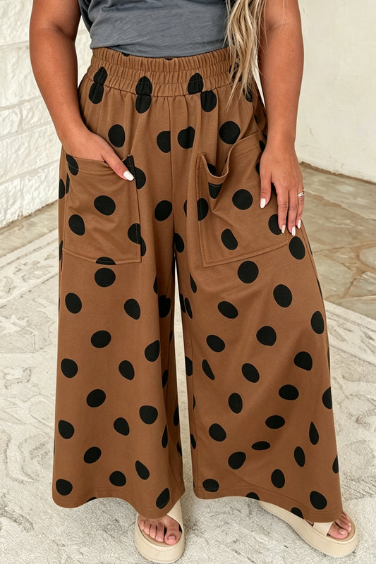 Brown Polka Dot Elastic Waist Wide Leg Plus Size Pants