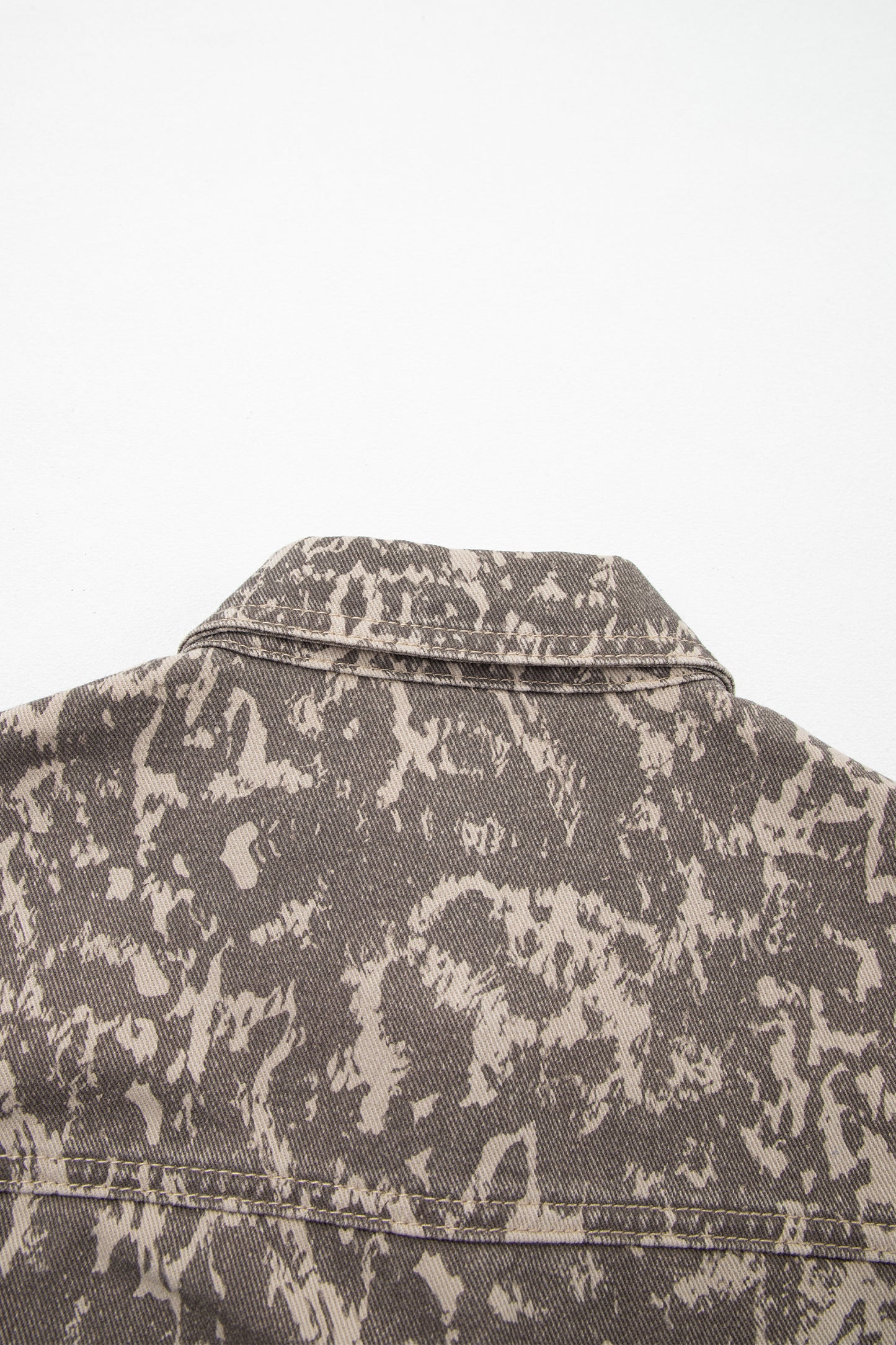 Khaki Abstract Print Long Sleeve Collar Raw Hem Denim Jacket
