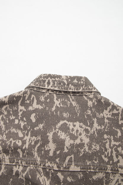 Khaki Abstract Print Long Sleeve Collar Raw Hem Denim Jacket