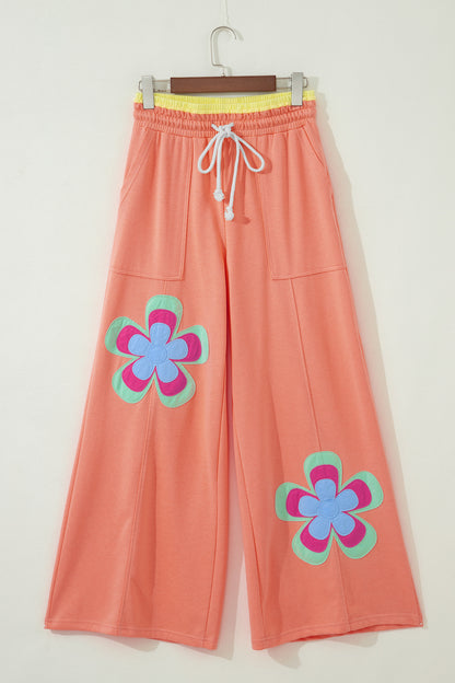 Grapefruit Orange Color Block Flower Patchwork Drawstring Contrasted Elastic Waist Wide Leg Pants