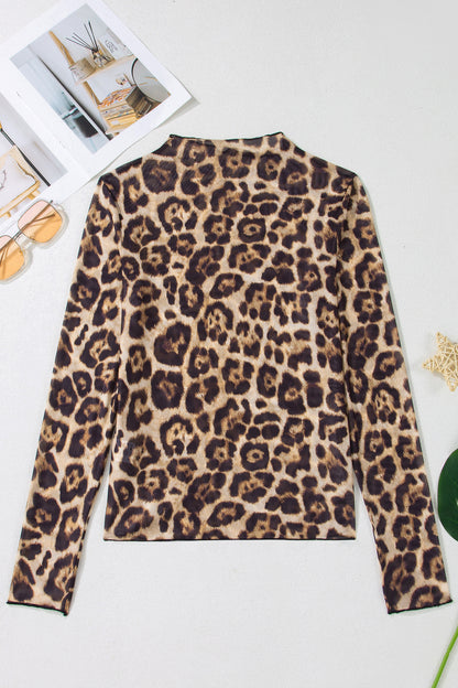 Camel Leopard Print Slim Fit Mesh Long Sleeve Mock Neck Top