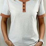 Light Grey Raw Seam Color Block Detail Buttoned Henley Tee