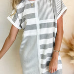 Gray Stripe Mixed Printed Short Sleeve Shift Mini T Shirt Dress