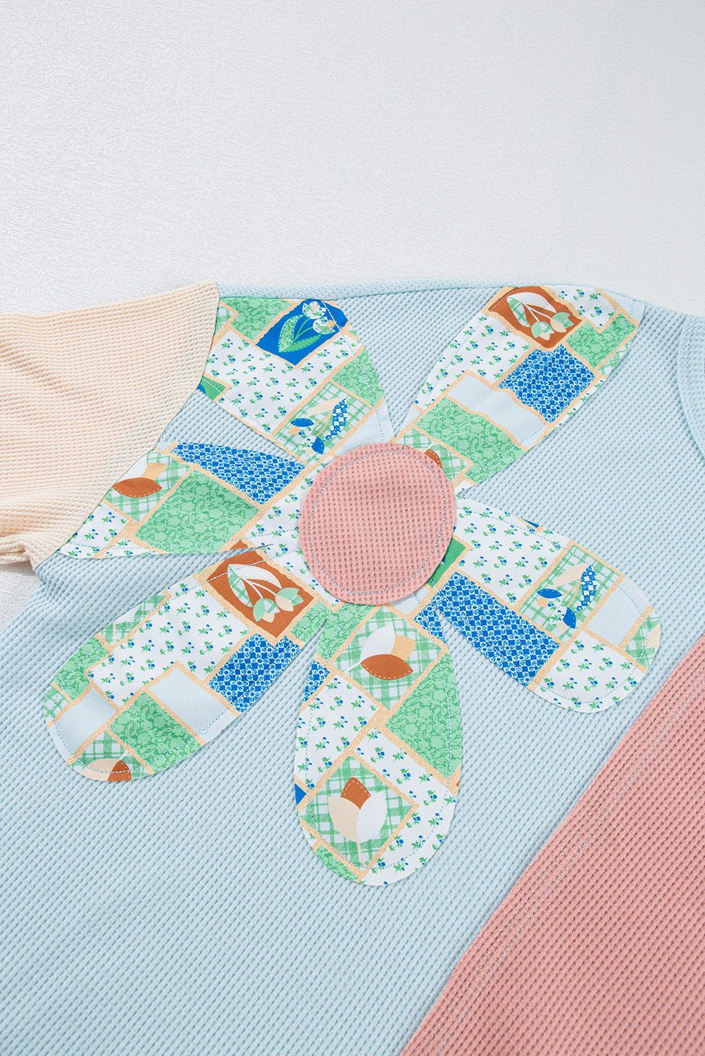 Rose Pink Floral Patchwork Waffle Color Block Pullover Top