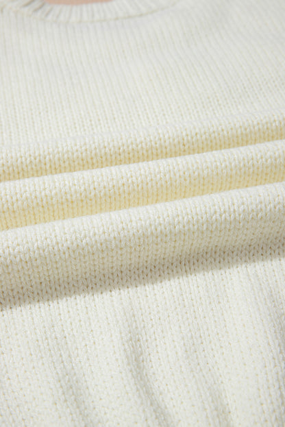 White Flower Detail Round Neck Contrast Textured Puff Sleeve Sweater