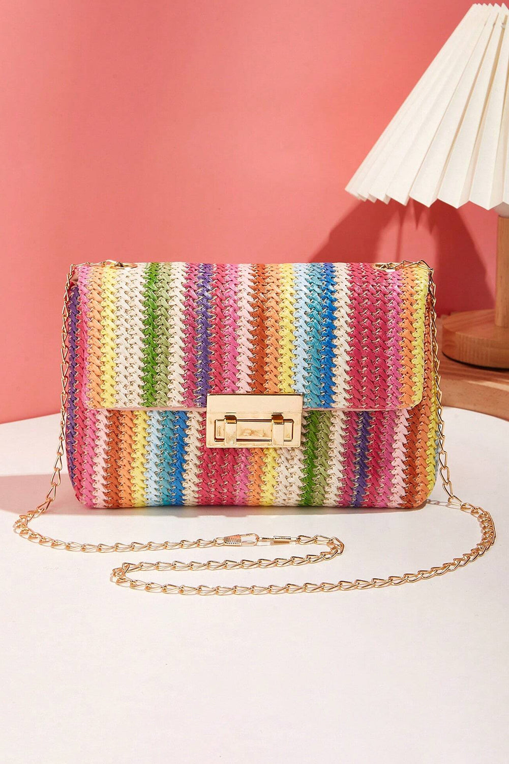 Multicolour Straw Plaited Gold Chain Clasp Closure Single Shoulder Bag