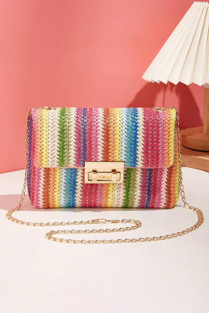 Multicolour Straw Plaited Gold Chain Clasp Closure Single Shoulder Bag