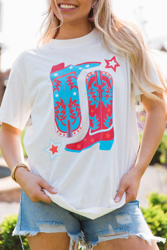 White Cowboy Boots Western Graphic Casual T Shirt