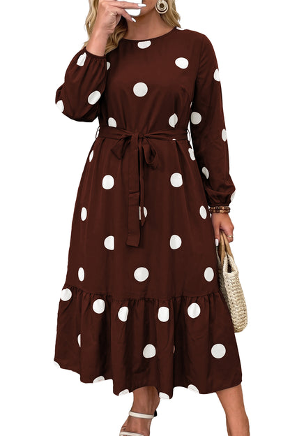 Brown Polka Dot Ruffled Hem Long Sleeve Tie Waist Plus Size Dress