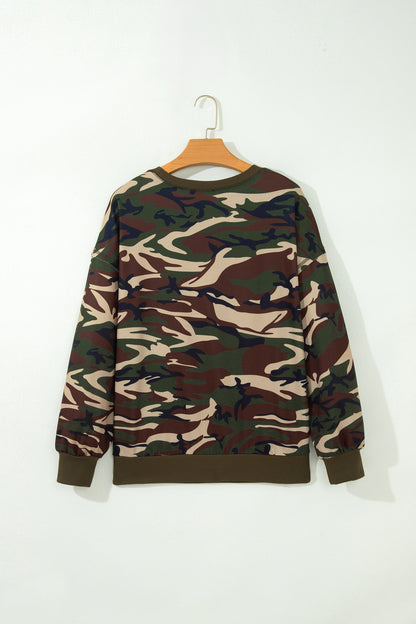 Multicolour Camouflage Print Round Neck Baggy Pullover Sweatshirt