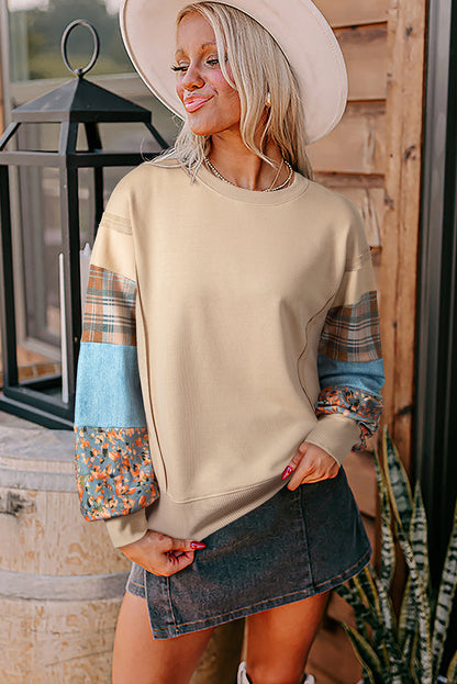 Smoke Gray Plaid Colorblock Patchwork Sleeve Raw Seam Sweatshirt
