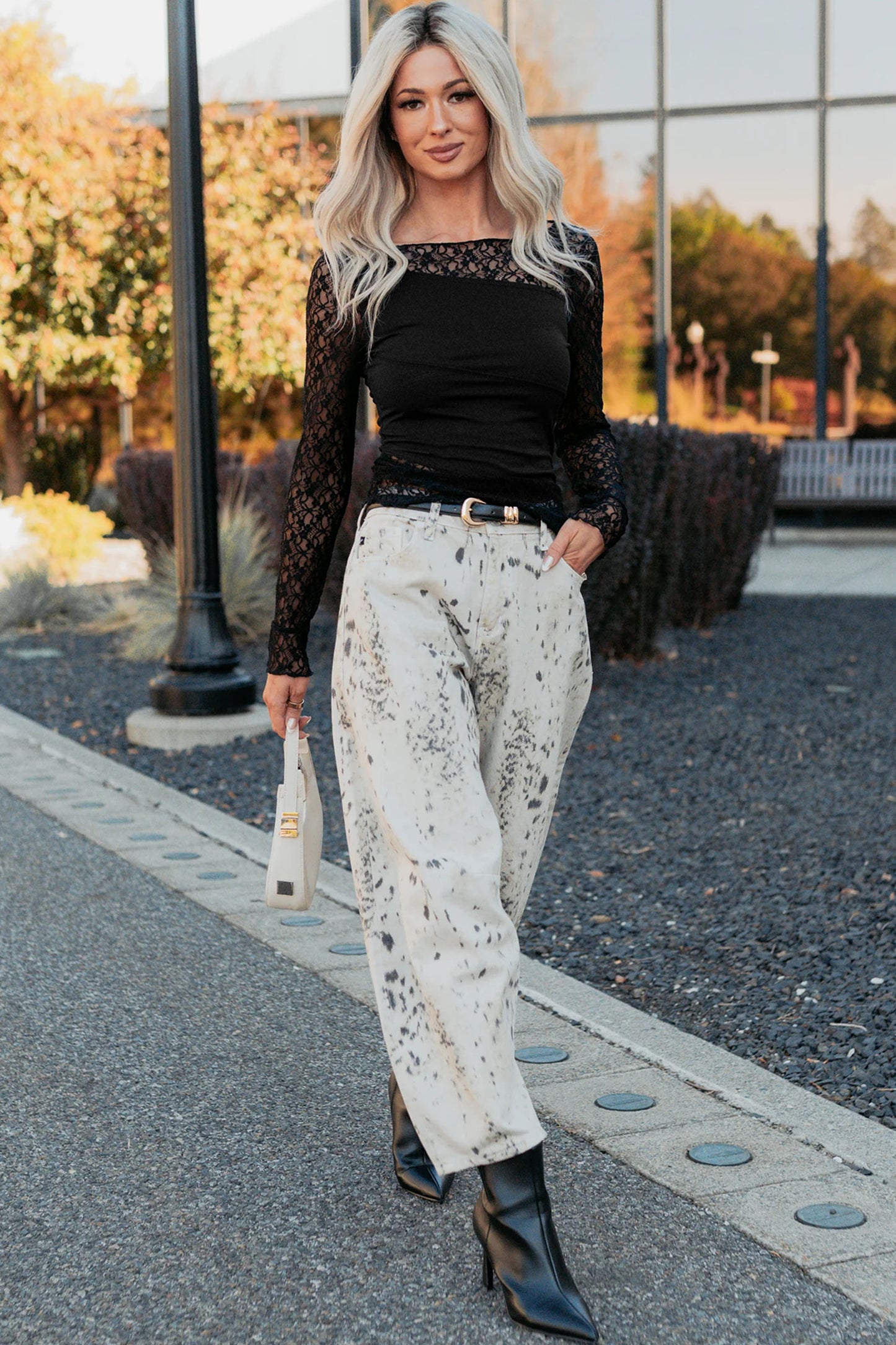 Black Asymmetric Panels Sheer Floral Lace Patchwork Long Sleeve Top