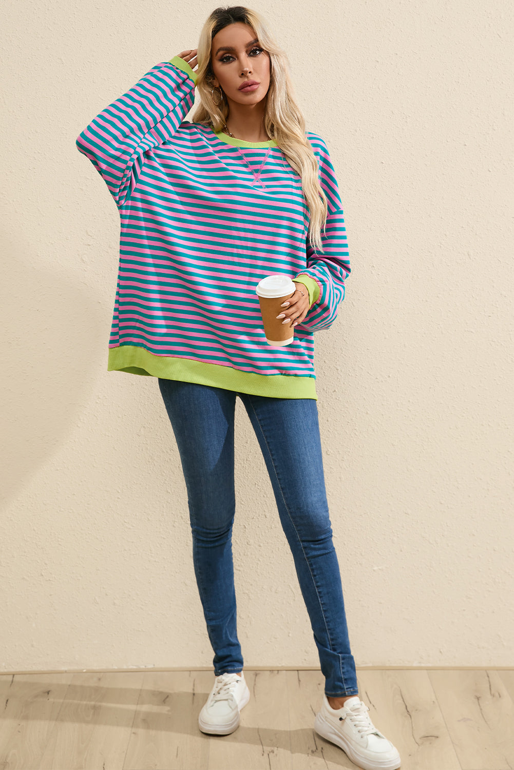 Green Stripe Oversized Contrast Trim Pullover Sweatshirt