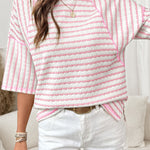 Pink Stripe Textured Knit Split Hem Half Sleeve Loose Top