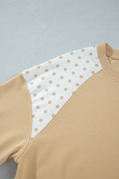 Khaki Polka Dot Patchwork Colorblock Long Sleeve Casual Two Piece Pants Set