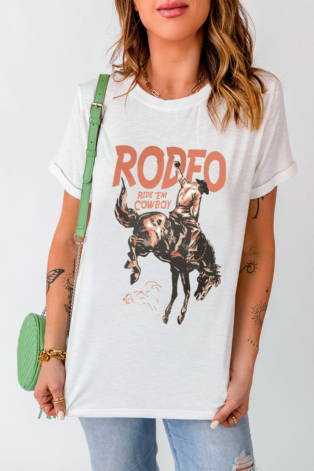 T-shirt blanc à col rond avec imprimé cowboy RODEO