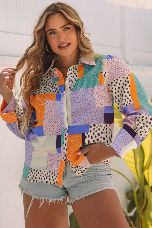 Camisa con botones y estampado mixto multicolor de talla grande 