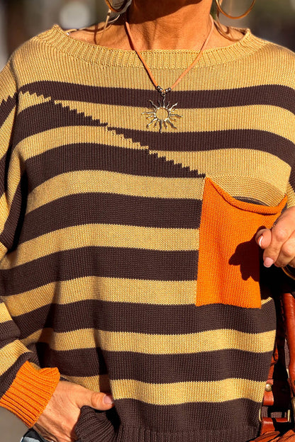 Brown Stripe Striped Drop Shoulder Colorblock Pullover Sweater