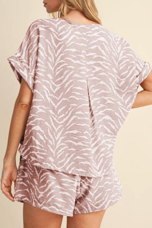 Khaki Abstract Print Cuffed Short Sleeve Loose Top Short Set