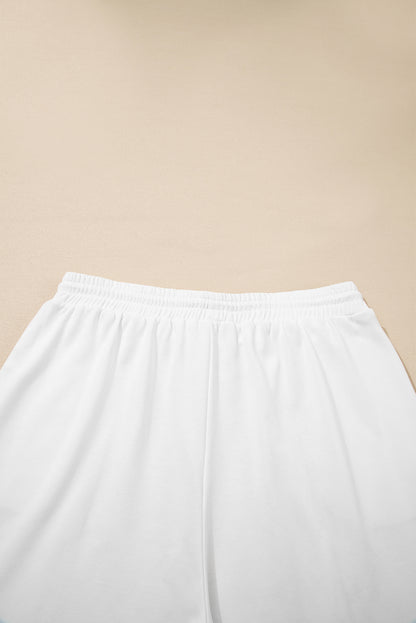 White Textured Raw Seam Plus Size Pullover Top and Drawstring Pants Set