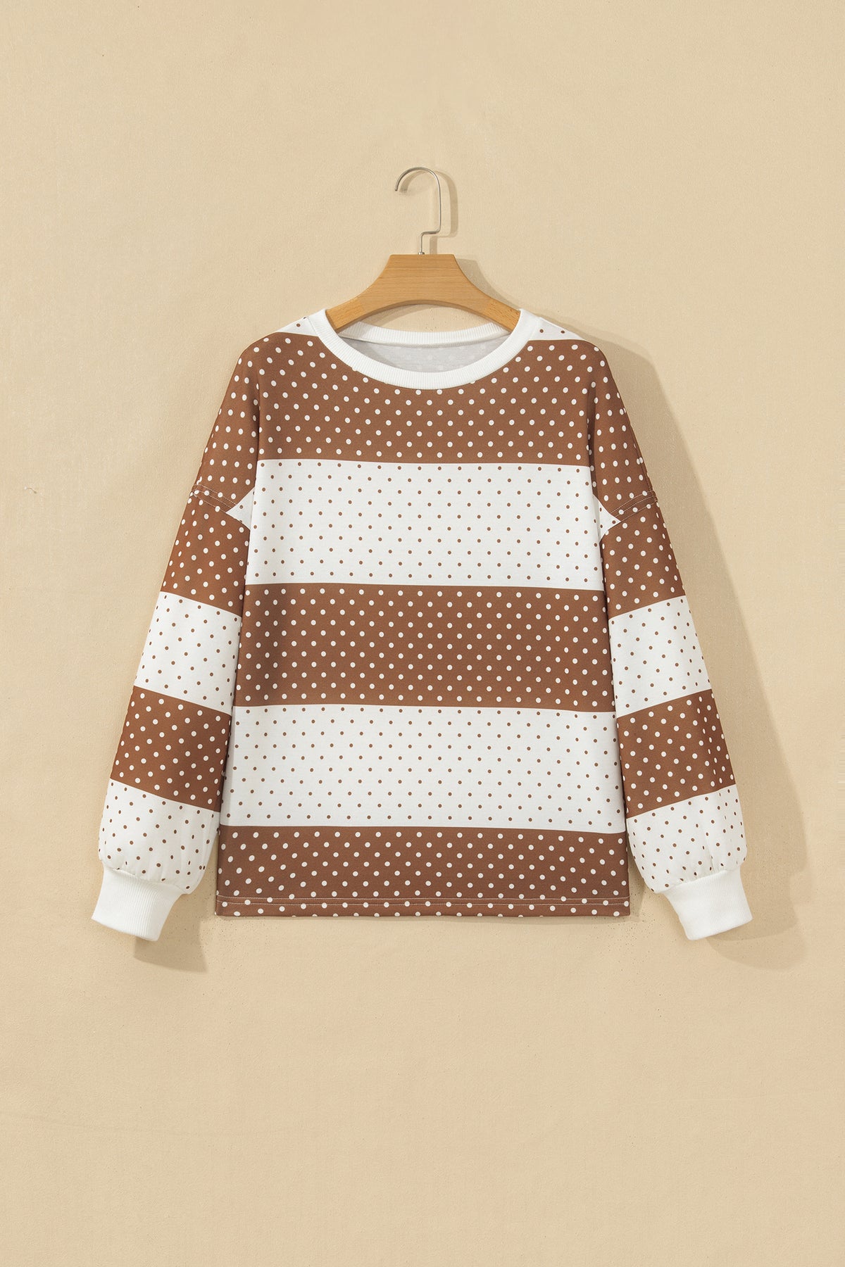 Brown Polka Dot Patchwork Colorblock Long Sleeve Top