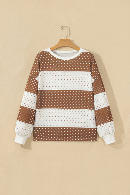 Brown Polka Dot Patchwork Colorblock Long Sleeve Top