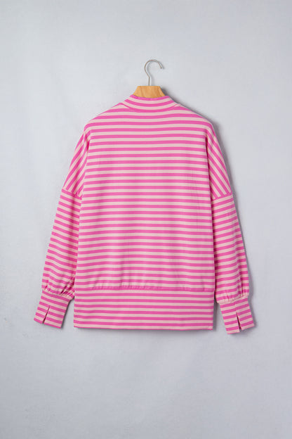 Pink Stripe Zip-up Puff Sleeve Zip Jacket Sweatshirt