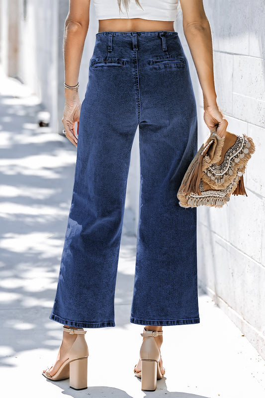 Sail Blue High Waist Button Front Wide Leg Cropped Jeans
