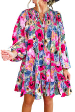Vestido recto con mangas abullonadas y cuello con lazo floral multicolor 