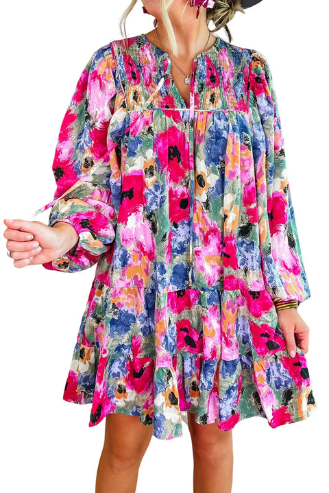 Vestido recto con mangas abullonadas y cuello con lazo floral multicolor 