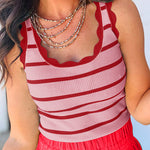 Rose Stripe Striped Scalloped Edge U Neck Sleeveless Sweater Vest