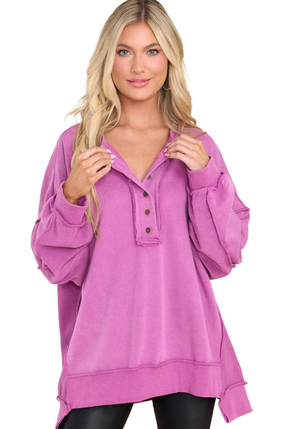 Purple Oversized Exposed Seam Henley Sweatshirt