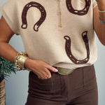 Parchment Corded Horseshoes Ribbed Trim Mock Neck Short Sleeve Sweater