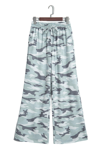 Green Camo Wide Leg Tie Elastic Waist Casual Pants