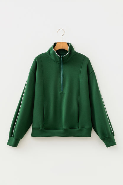 Sea Green High Neck Zip-Up Loose Fit Long Sleeve Sweatshirt