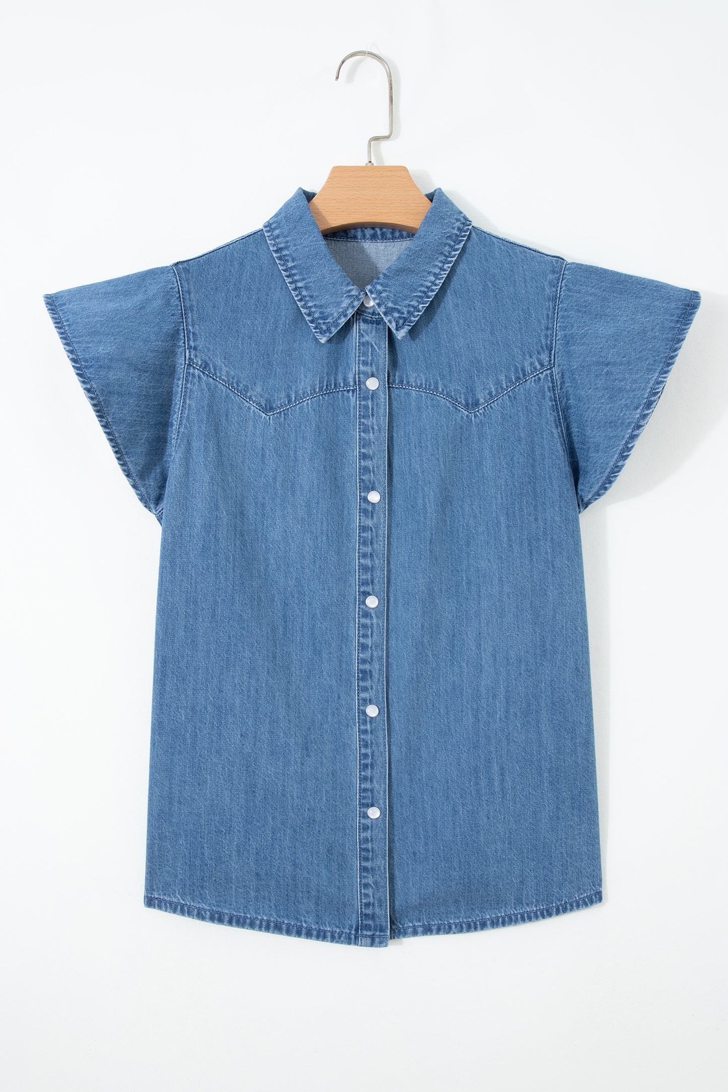 Dusk Blue Ruffled Short Sleeve Denim Shirt