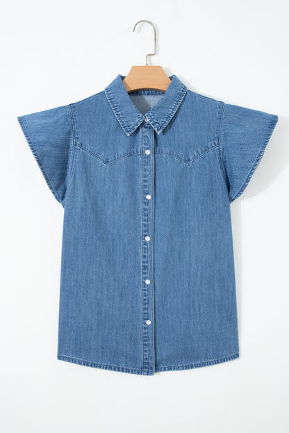 Dusk Blue Ruffled Short Sleeve Denim Shirt