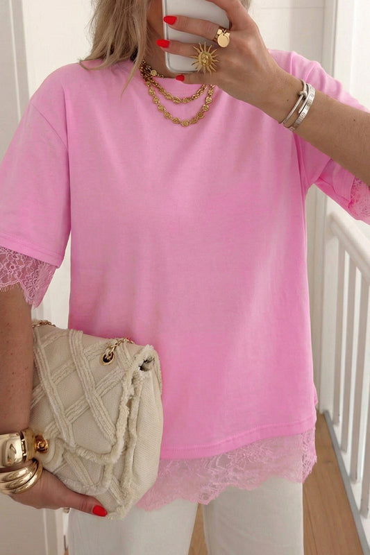 Pink Eyelash Floral Lace Patchwork Half Sleeve Oversize Tee