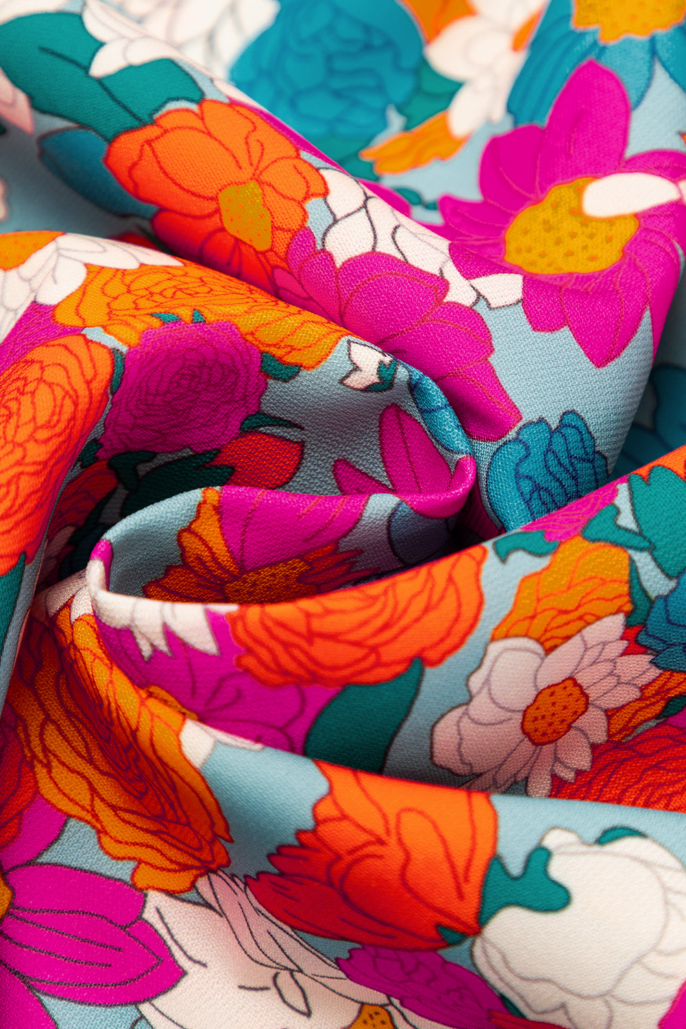 Robe babydoll bleu ciel à imprimé floral, col fendu, manches bouffantes