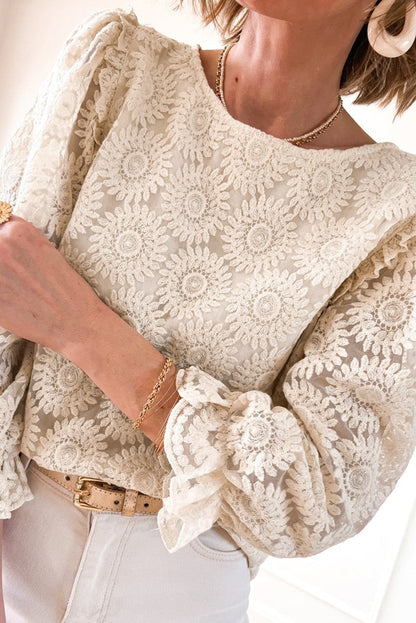 Chemisier à volants et boutons au dos en jacquard fleuri à motif flocons d'avoine, manches 3/4