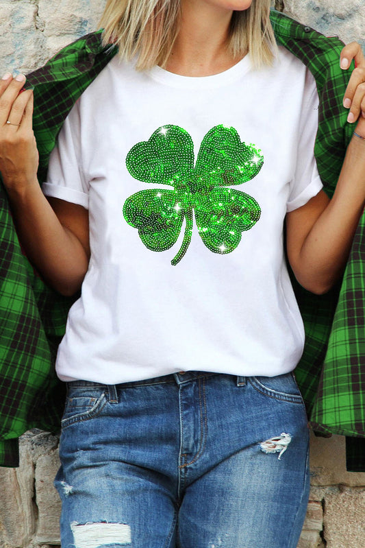 White Sequin Clover Patch Graphic St Patrick Fashion Tee
