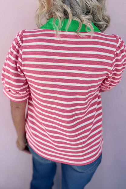 Pink Stripe Short Puff Sleeve Color Block Polo Collar Blouse