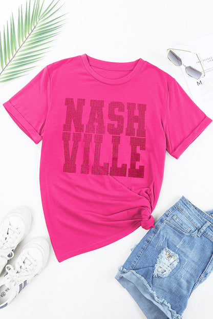 T-shirt ras du cou à strass NASHVILLE, motif graphique, rouge rose