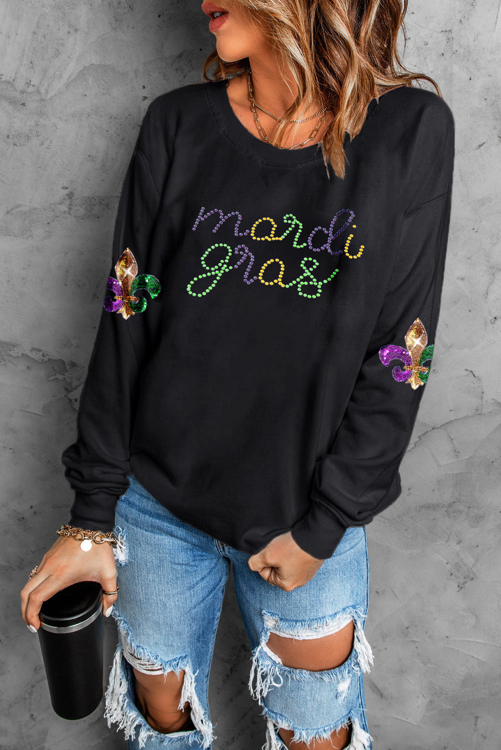 Sweat-shirt graphique en céramique noire avec strass et lettres du Mardi Gras