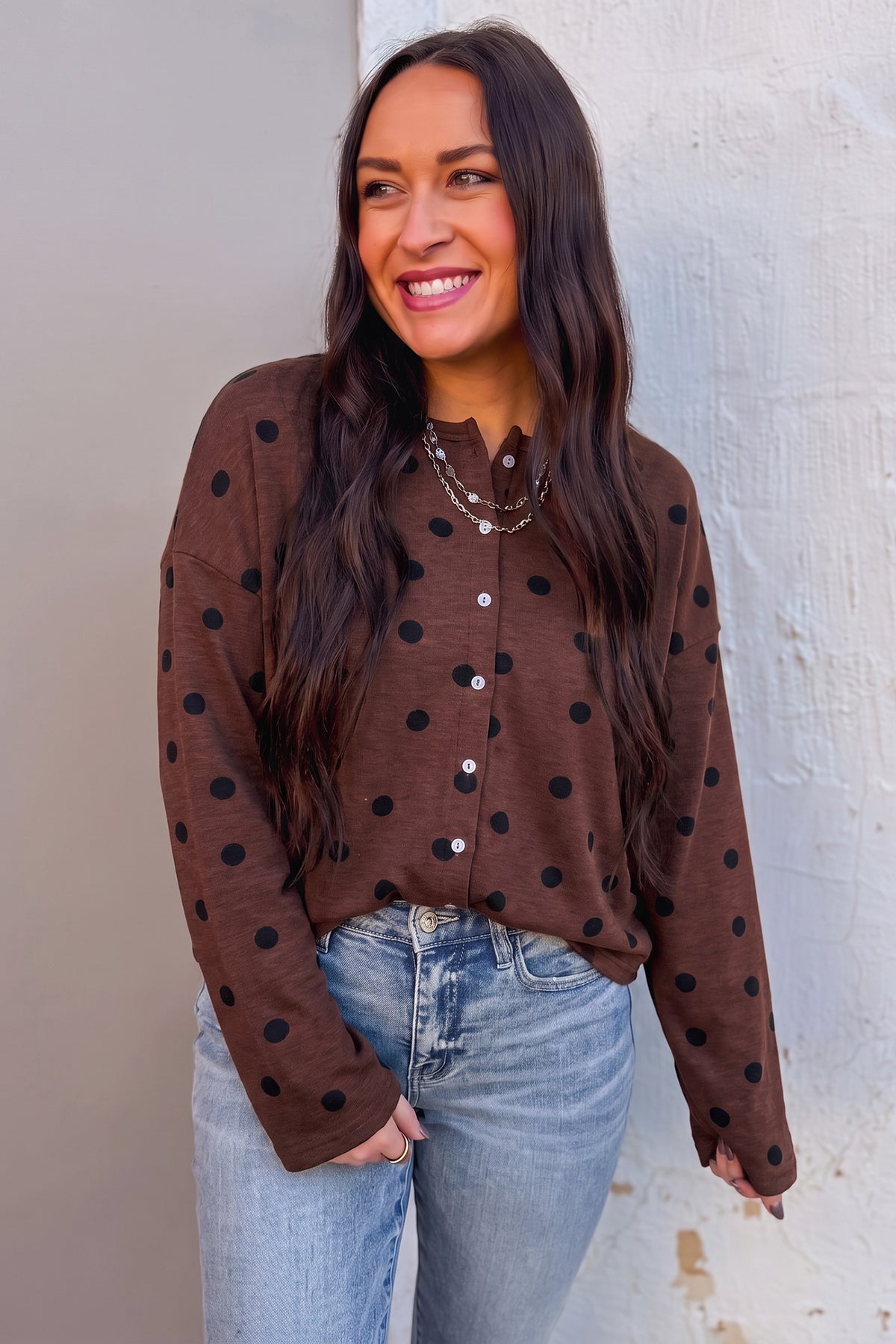 Brown Polka Dot Button Front Long Sleeve Casual Shirt