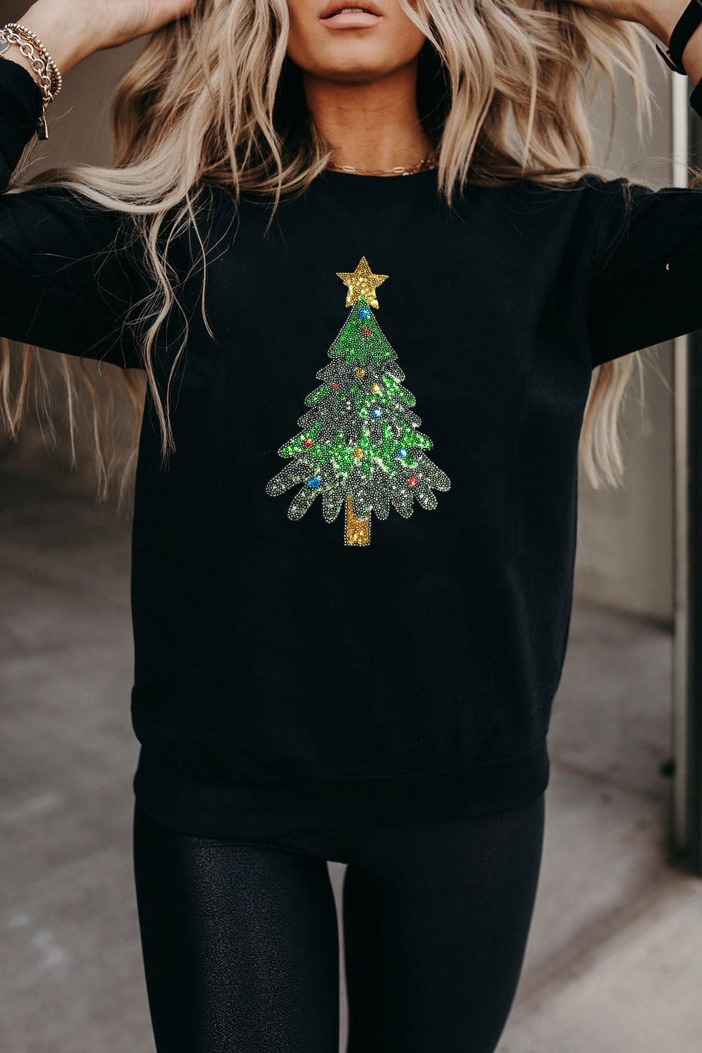 Black Sequined Christmas Tree Pattern Pullover Sweatshirt
