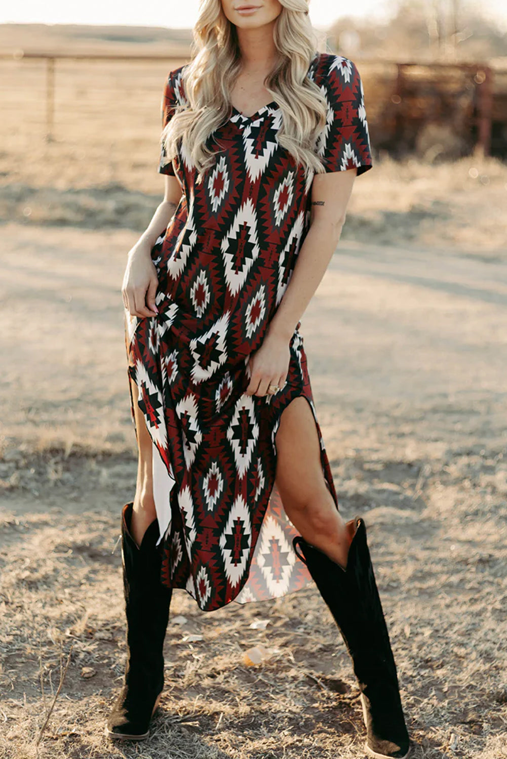 Red Western Aztec Printed Long T-shirt Dress Red / L / 95%Polyester+5%Elastane
