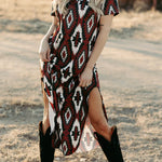 Red Western Aztec Printed Long T-shirt Dress