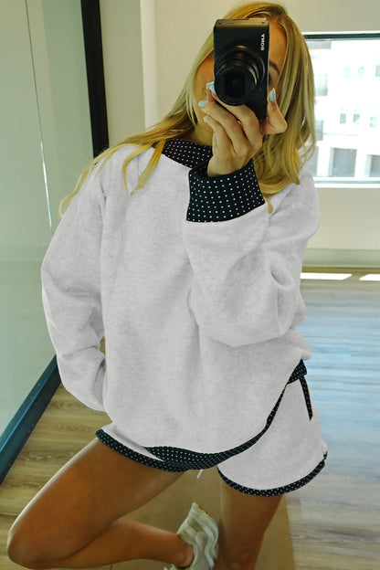 Light Grey Polka Dot Patchwork Mock Neck Pullover Casual Shorts Set
