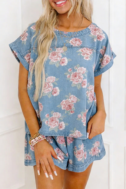 Sky Blue Floral Denim Short Sleeve Top Loose Shorts 2pcs Set